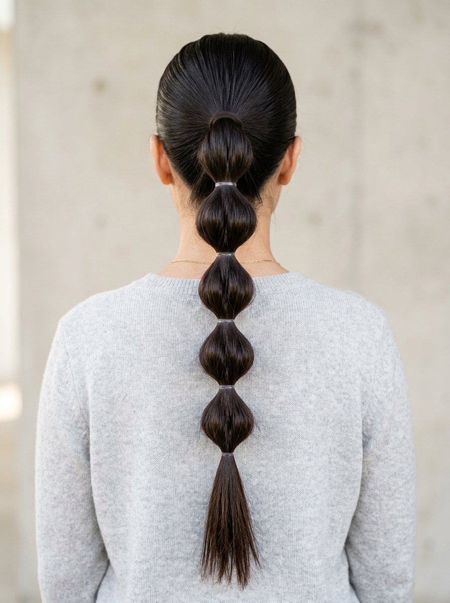 Back view of a person with dark hair styled in a long ponytail divided into multiple rounded bubble sections.