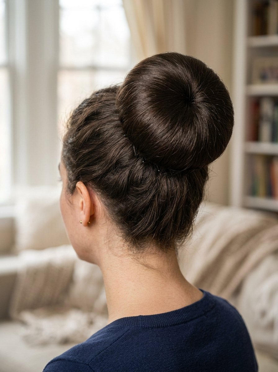 Rear view of a woman with long dark hair worn in a neat, full donut-style high bun.