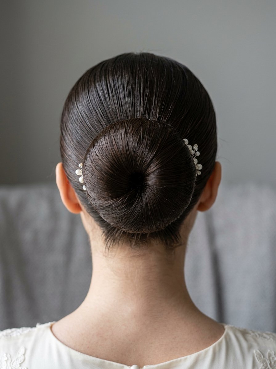 Close-up back view of a woman with sleek dark hair pulled into a neat, smooth circular bun with pearl hair accessories.