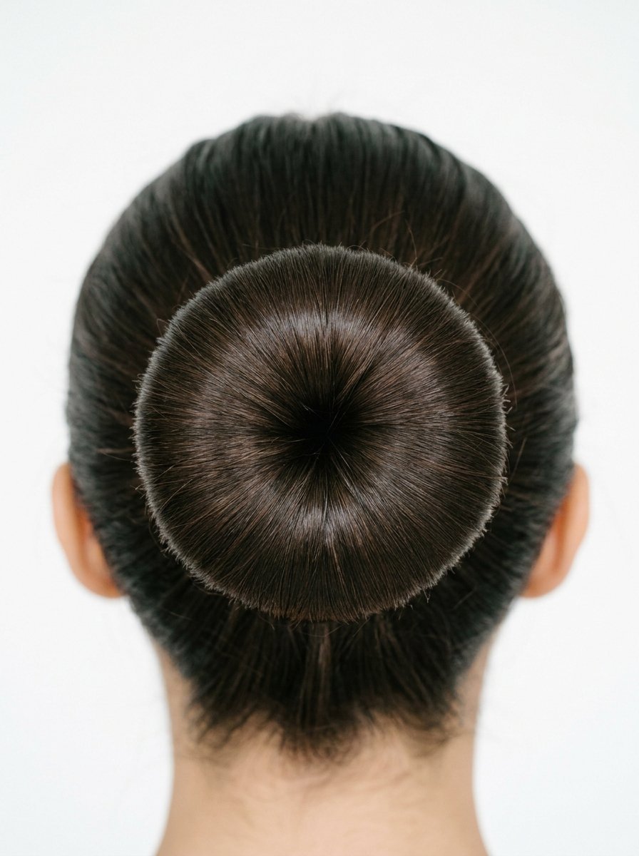 Close-up back view of a woman with black hair styled into a perfectly round, tight donut bun.