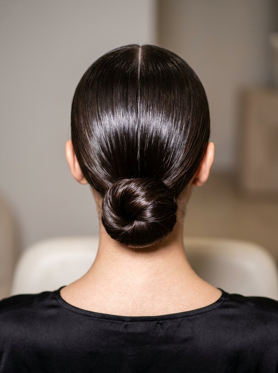 Close-up back view of a woman with shiny, parted dark brown hair pulled into a neat low chignon.