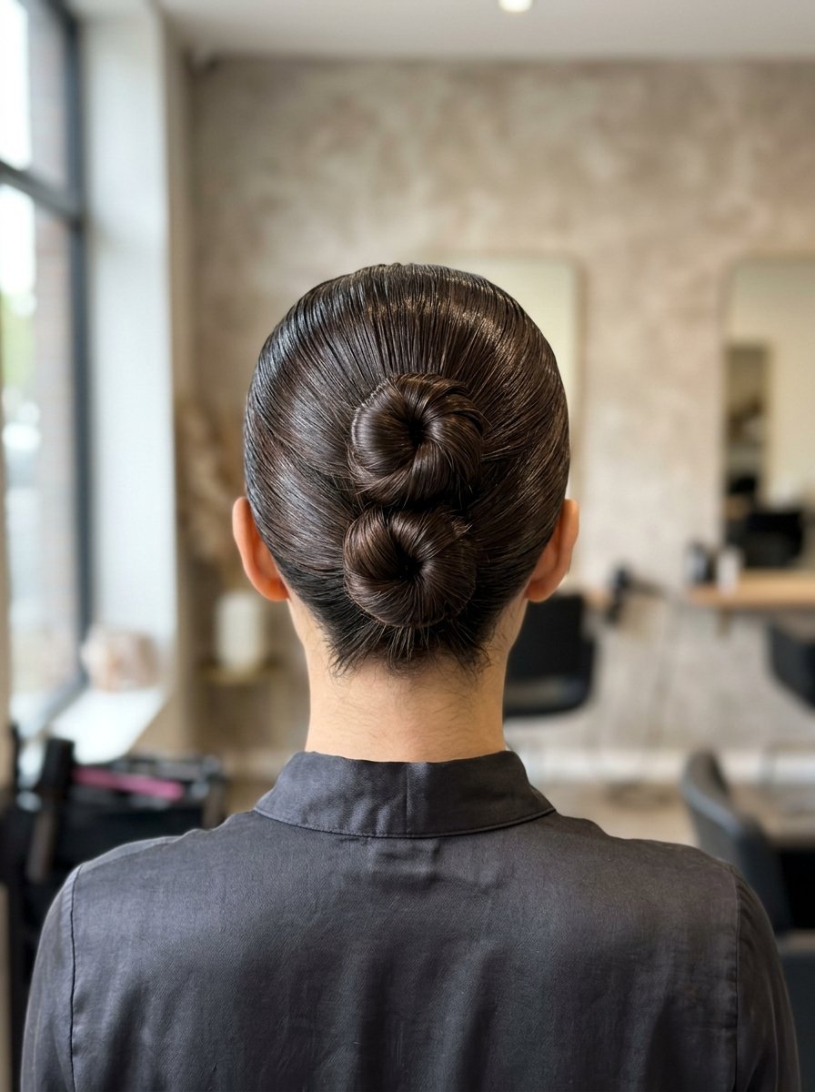 Back view of a person with dark, glossy hair styled into two stacked, perfectly smooth buns.