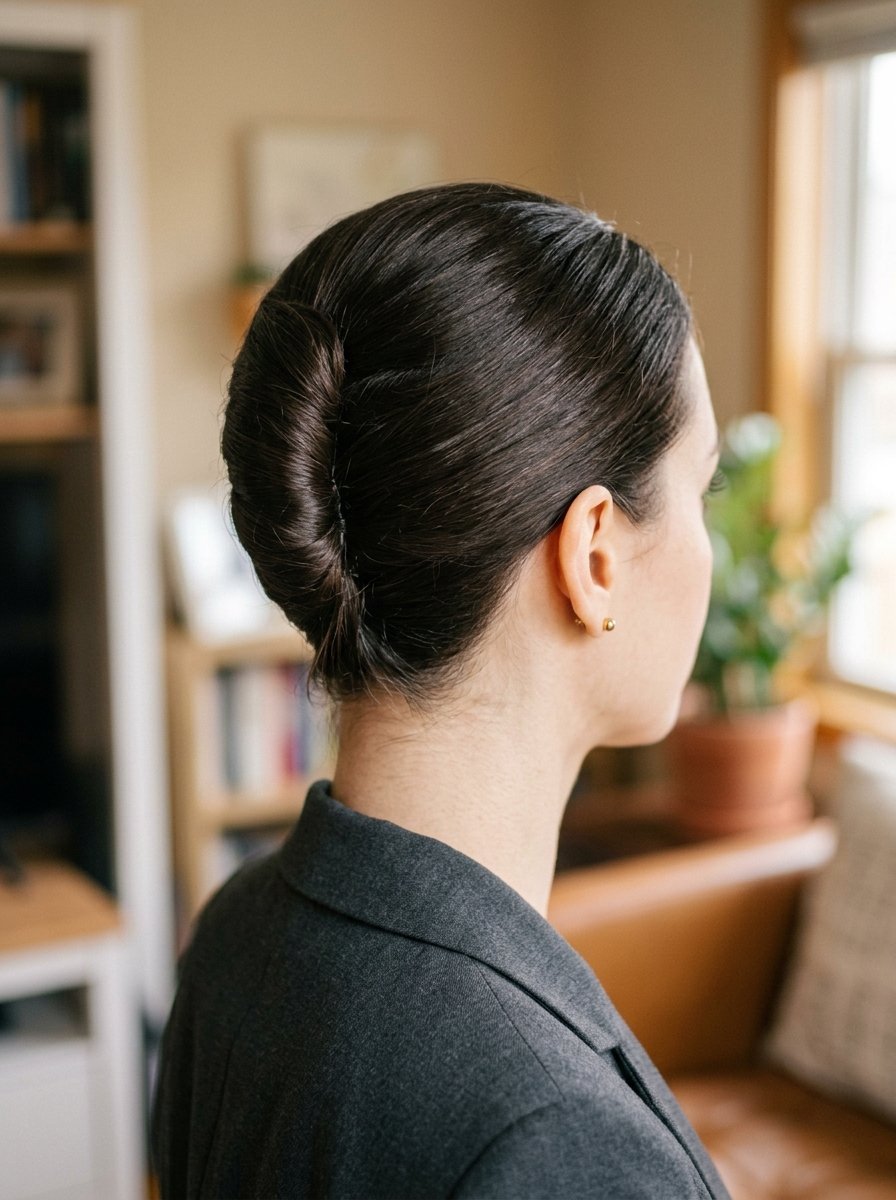 Close-up of a woman with dark hair styled in a sophisticated vertical rolled updo wearing a grey blazer.