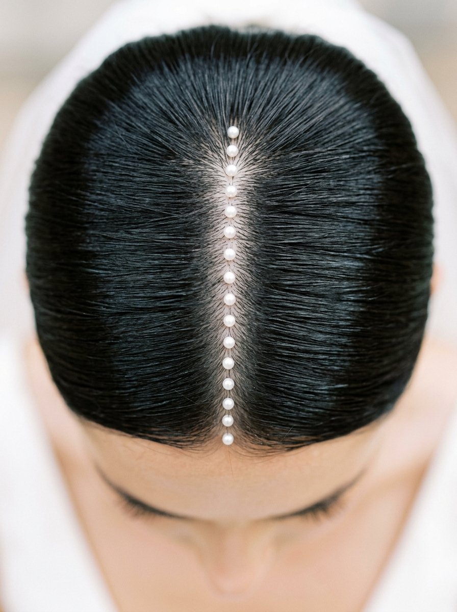 Close up overhead view of a woman with black hair parted straight down the middle and decorated with tiny white pearls.