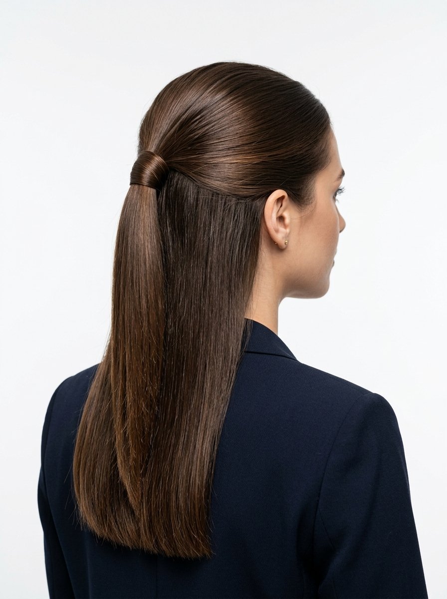 Back view of a brunette woman wearing a smooth half-up ponytail and a professional navy blue suit jacket.