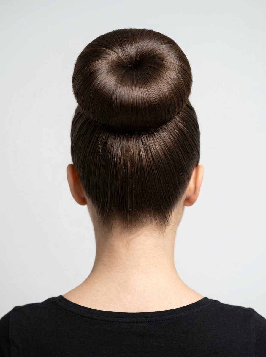 Back view of a person with smooth, dark hair styled into a neat, large circular high bun.