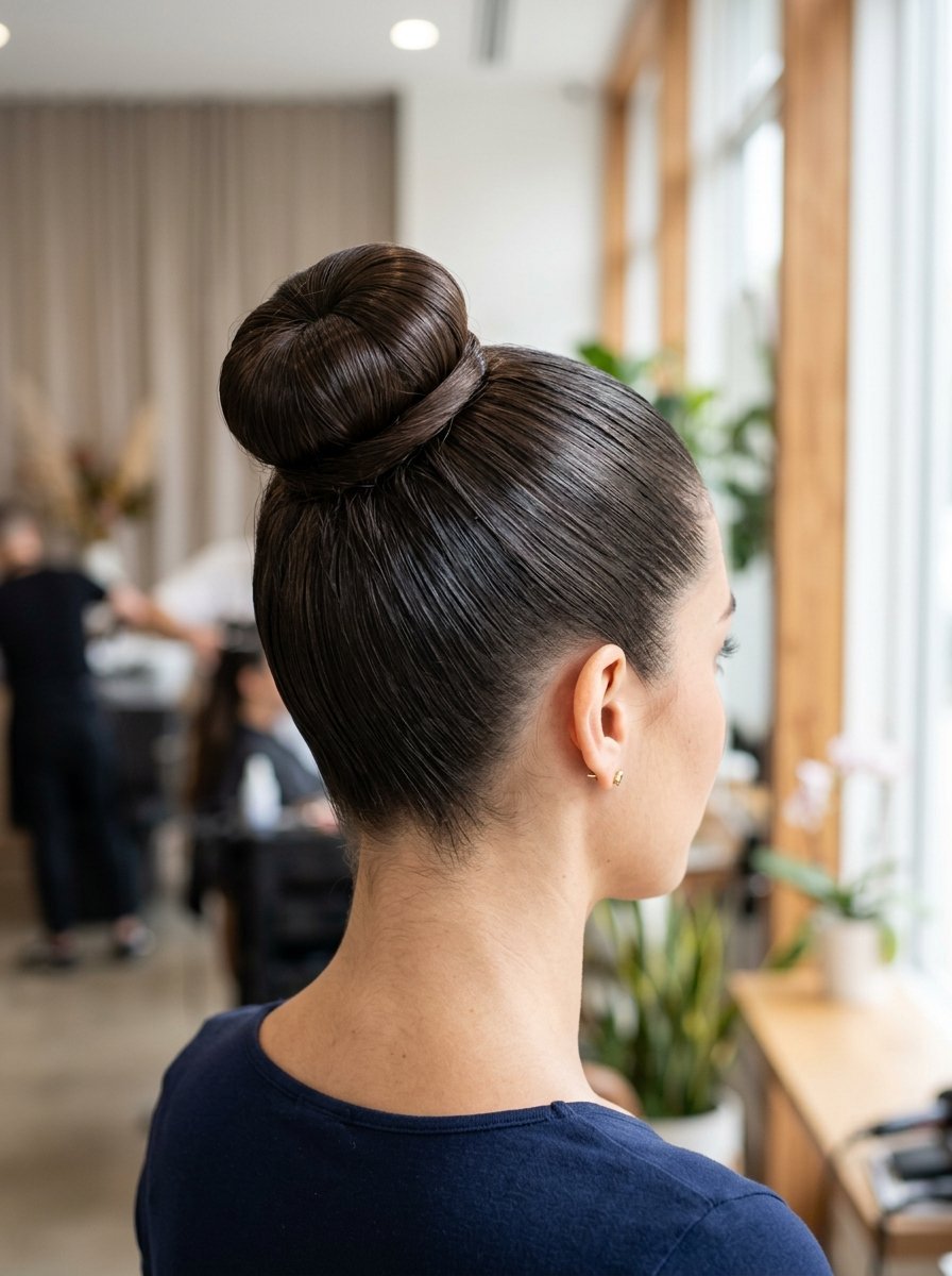 Close-up back view of a woman wearing her dark hair in a neat, professional high bun hairstyle at a salon.