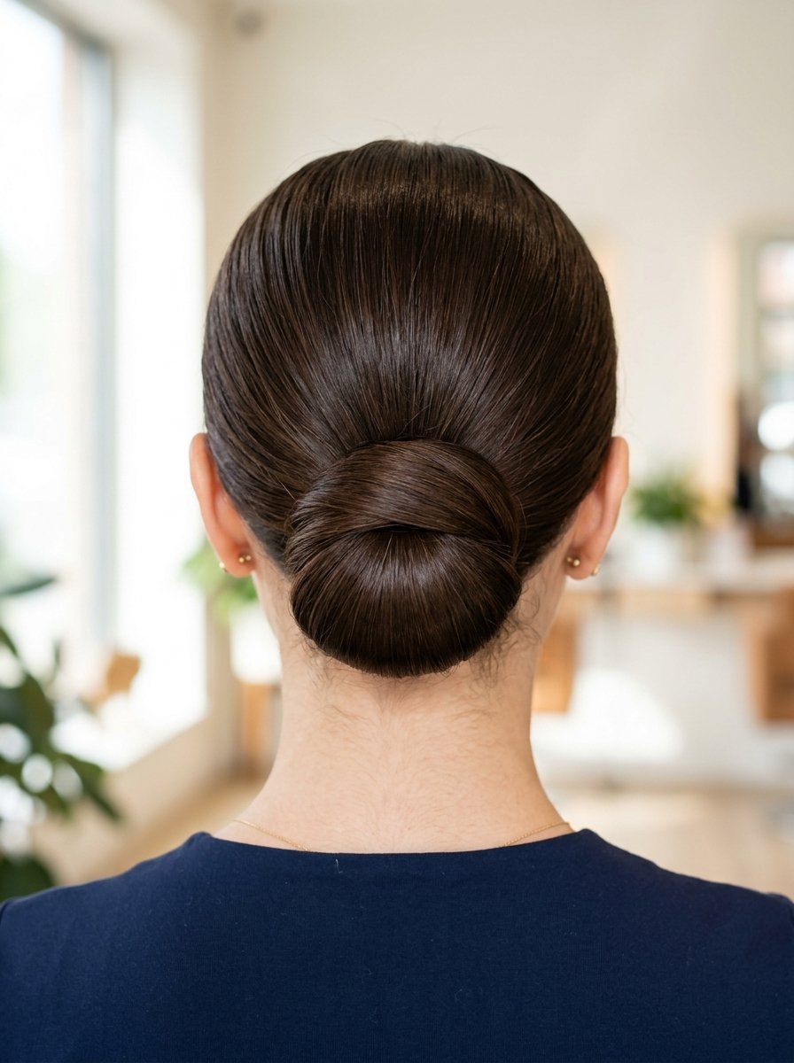 Close up view of a woman with straight dark brown hair pulled back into a neat, polished low bun.