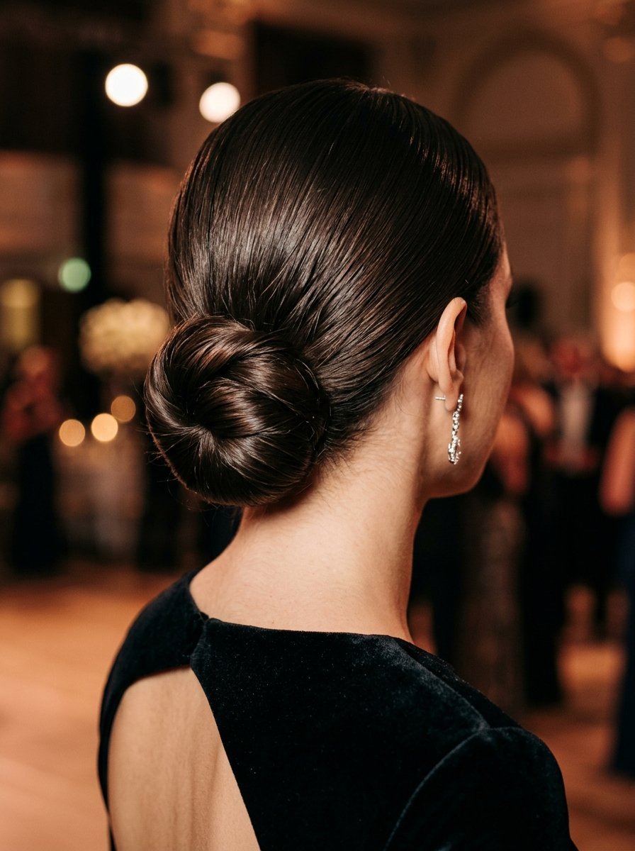 Close up rear view of a woman with shiny dark hair styled in a tight, sophisticated low chignon.
