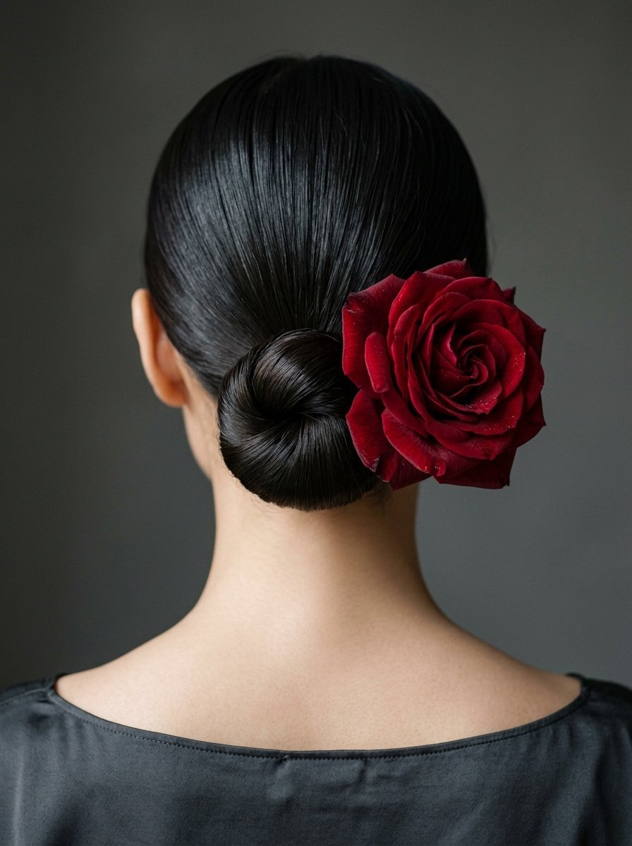 Back view of a woman with shiny black hair tied in a neat bun, decorated with a large velvet red flower.