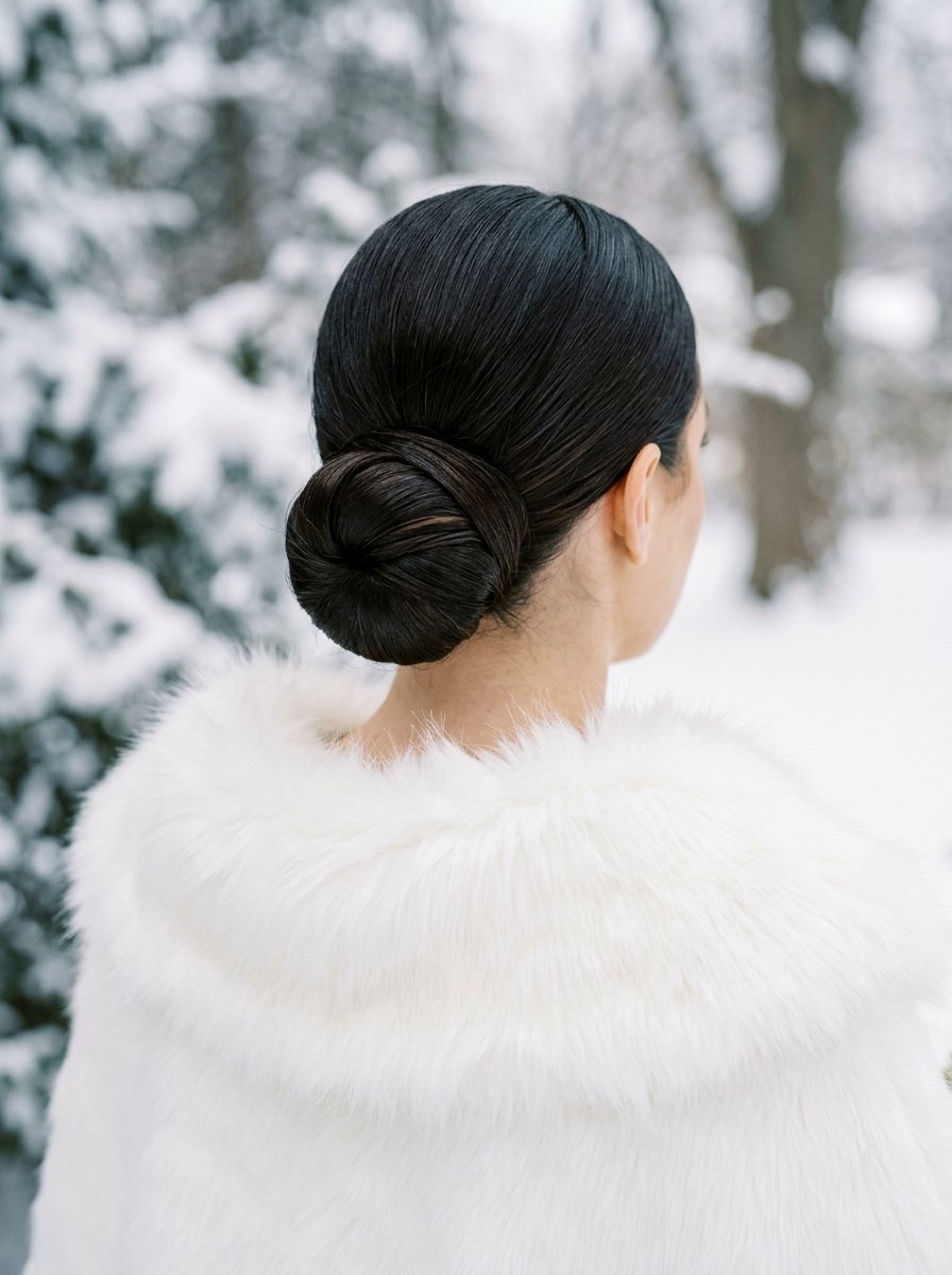 Close-up back view of a woman with a polished low bun wearing a white faux fur wrap in snowy weather.