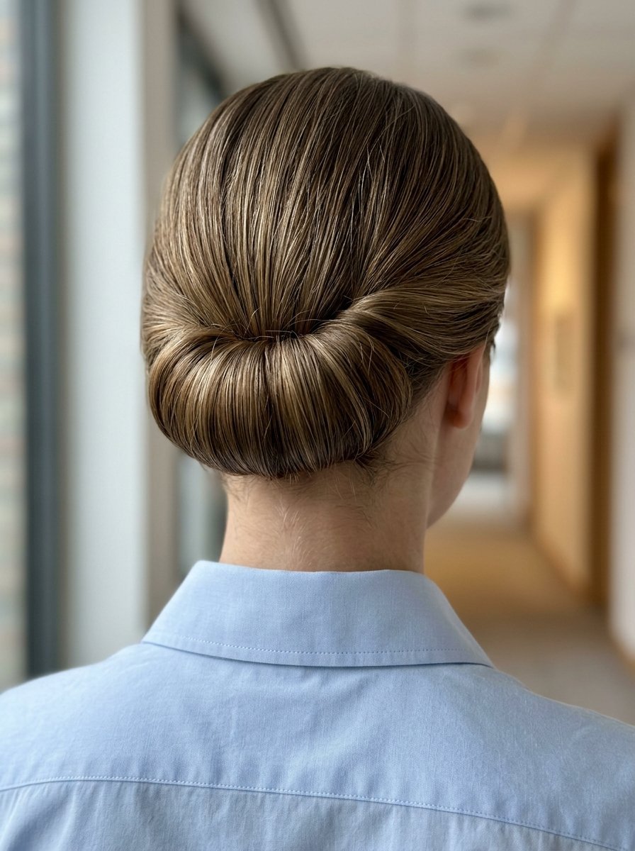 Back view of a woman with highlighted brown hair styled in a neat, professional low bun with a blue collared shirt.