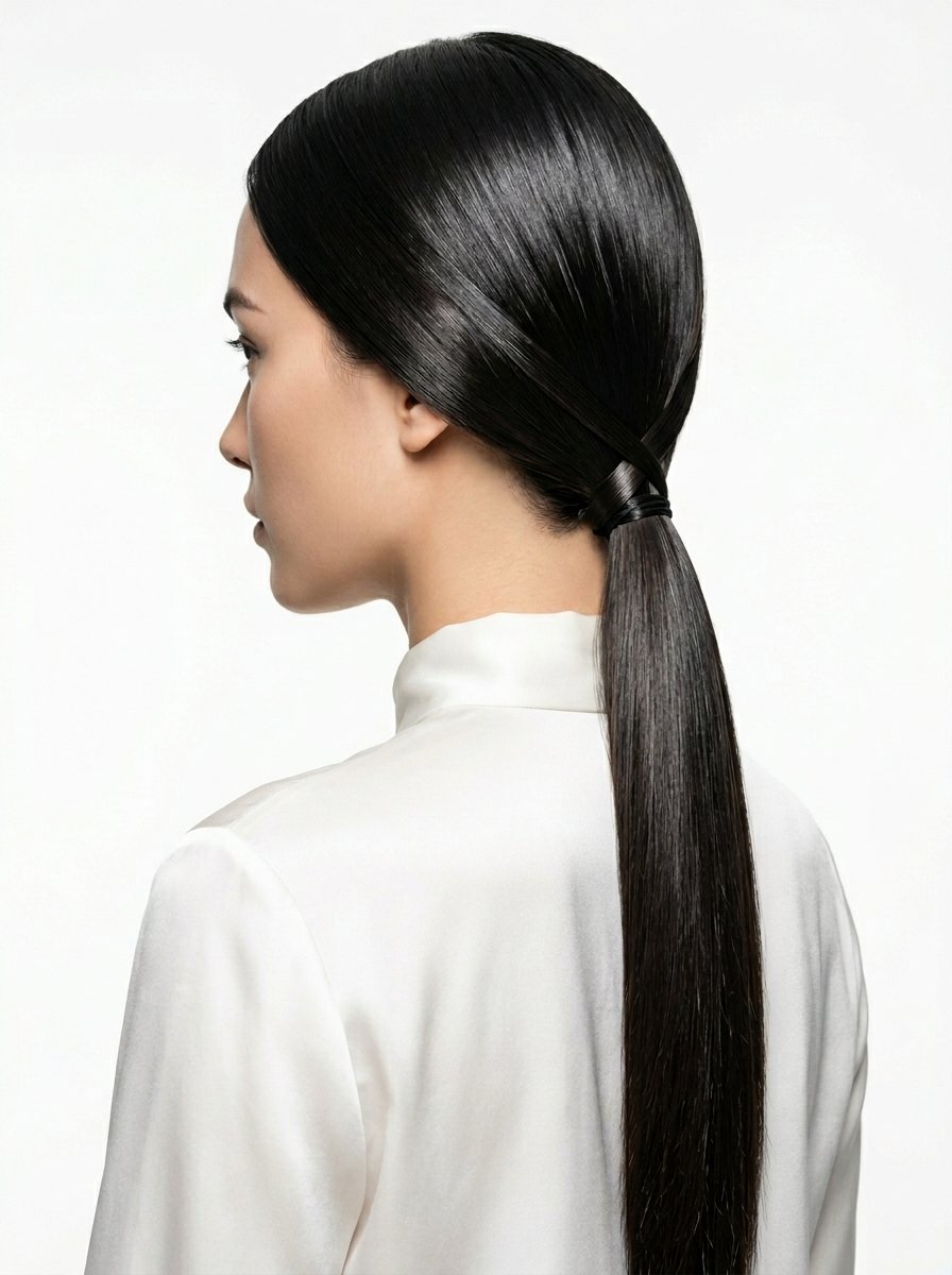 Side profile of a woman with long, smooth dark hair styled in a minimalist low ponytail against a white background.