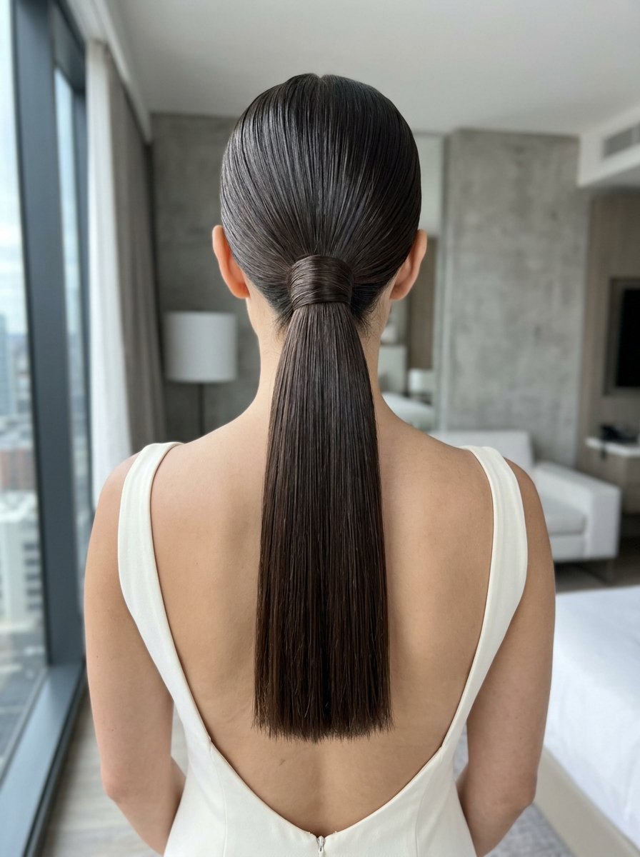 A back view of a woman wearing a minimalist white dress with her dark hair styled in a sleek, tight low ponytail.