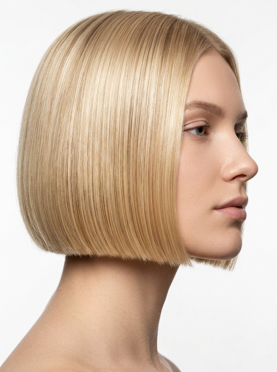 Close-up portrait of a woman showing off her smooth, straight, chin-length light blonde hair.