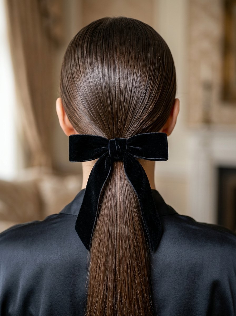 Woman with slicked-back brown hair secured at the nape of her neck with a long black velvet hair ribbon.