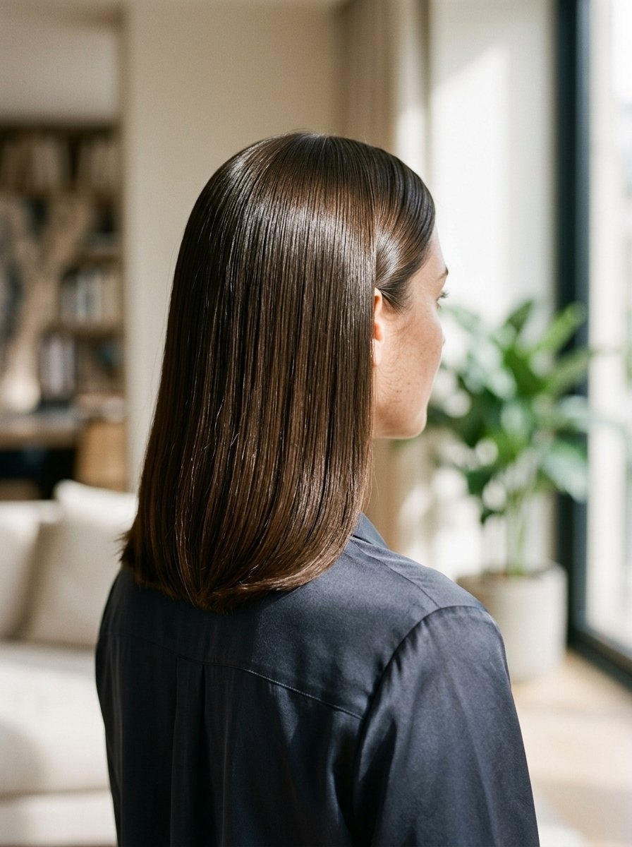Back view of a woman with healthy shiny straight dark hair wearing a dark silk shirt.