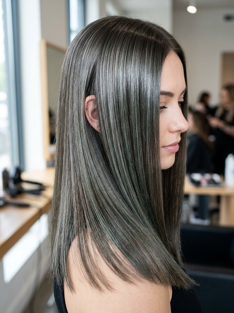 Close-up profile of a woman with long, straight, dark hair featuring subtle cool-toned silver highlights.