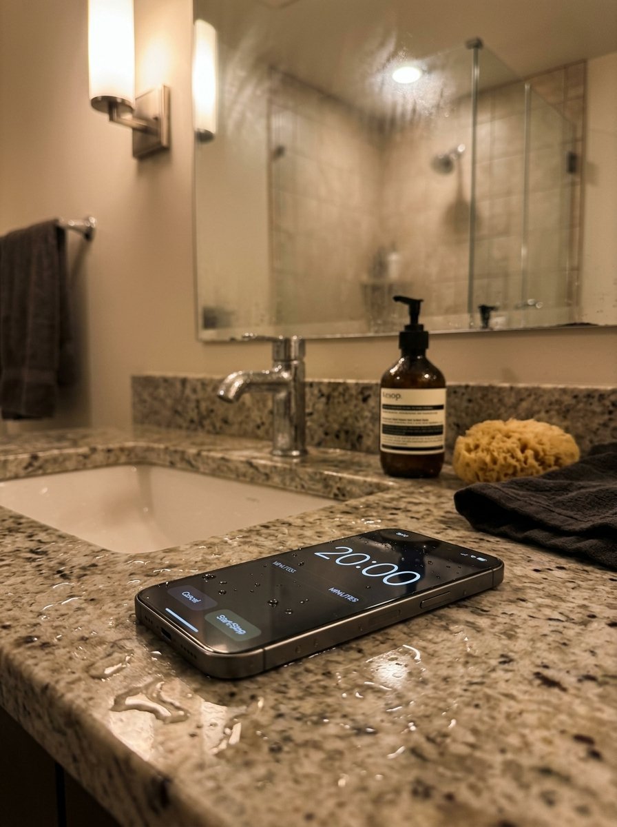Close up of a smartphone screen showing a 20 minute timer sitting on a wet granite bathroom countertop.