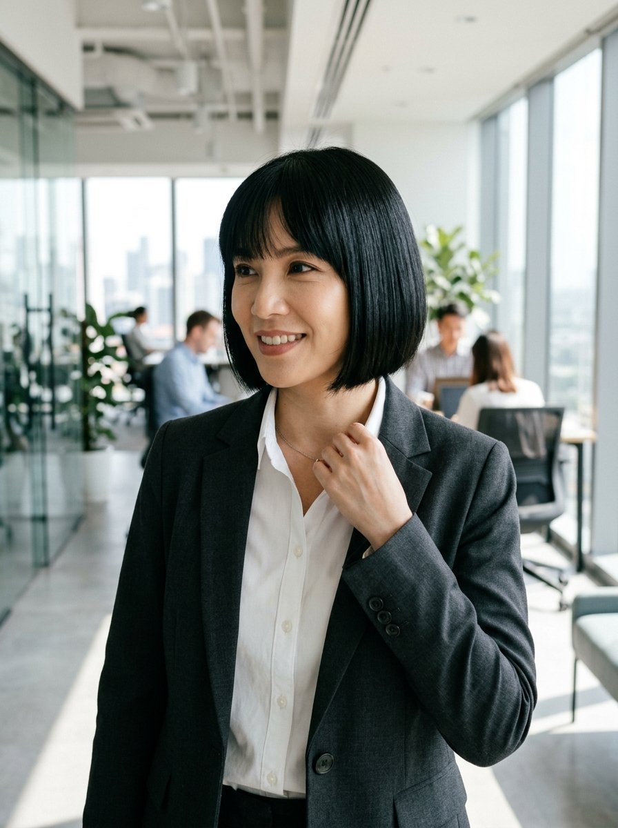 Professional woman with bob hair wearing a blazer in a sunlit office hallway with colleagues in the background.