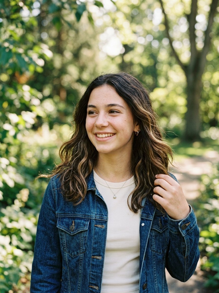 A brunette teenager in a denim jacket poses outdoors among blurred green trees.