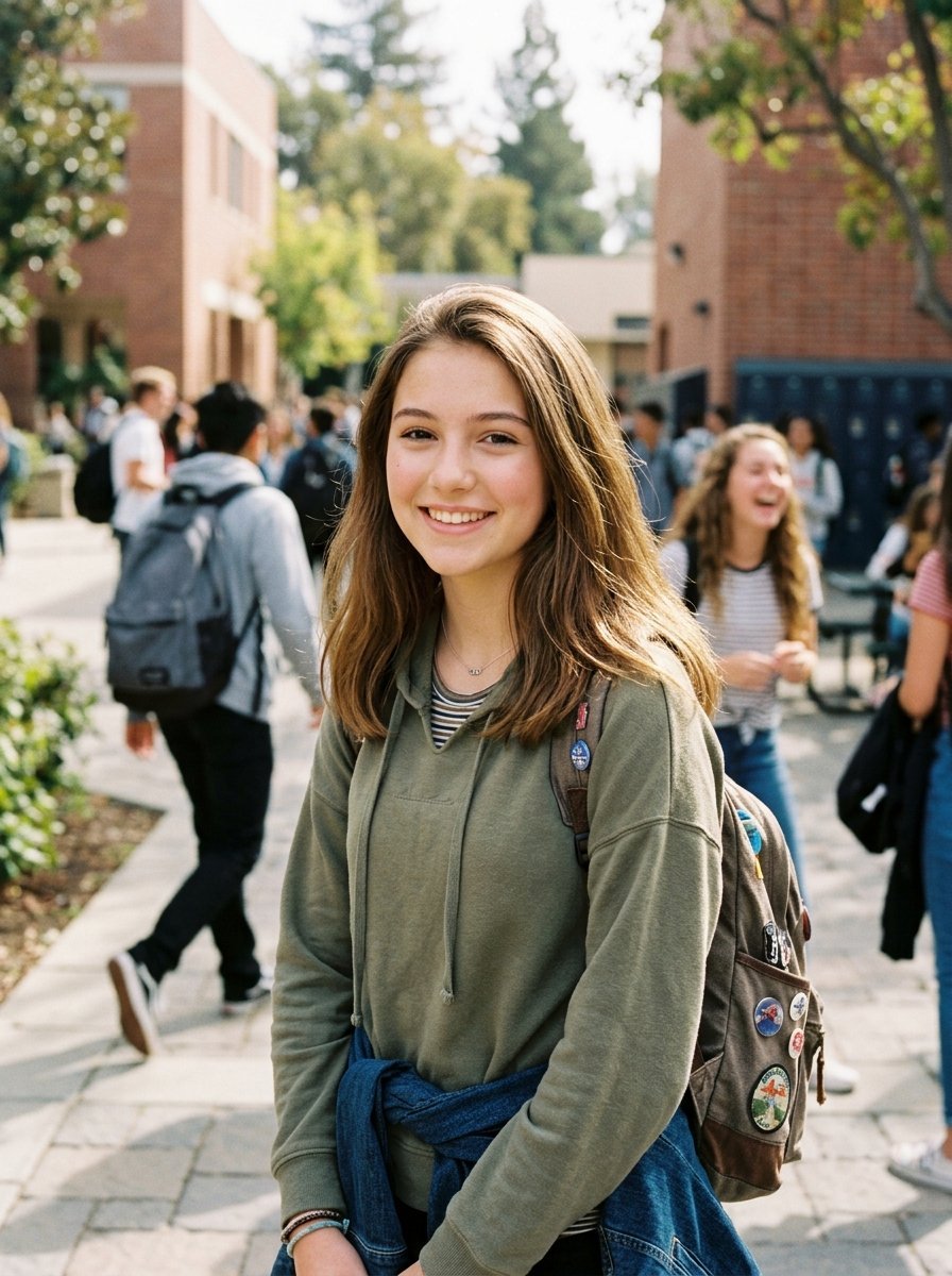 Portrait of a teenage girl wearing a green hoodie and backpack in a sunny outdoor school setting.