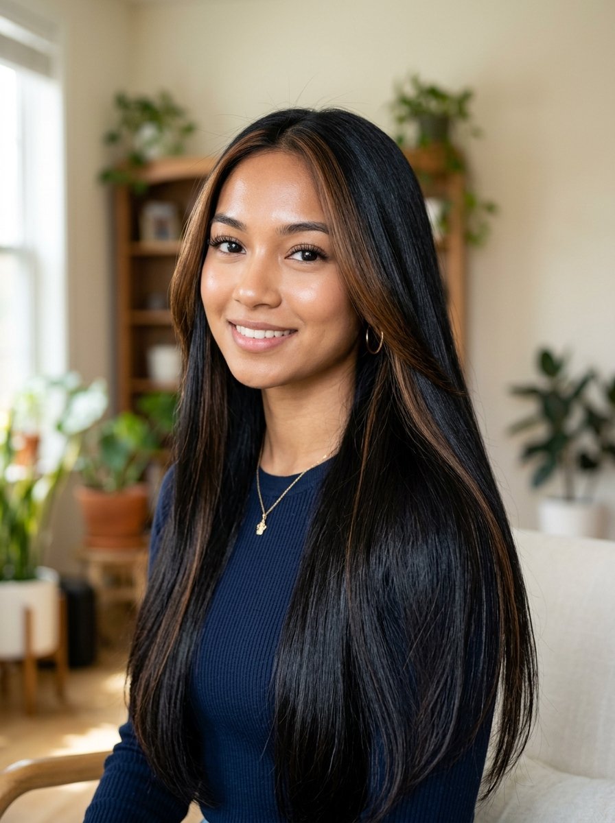 Portrait of a smiling young woman with long, straight black hair featuring warm brown face-framing highlights.