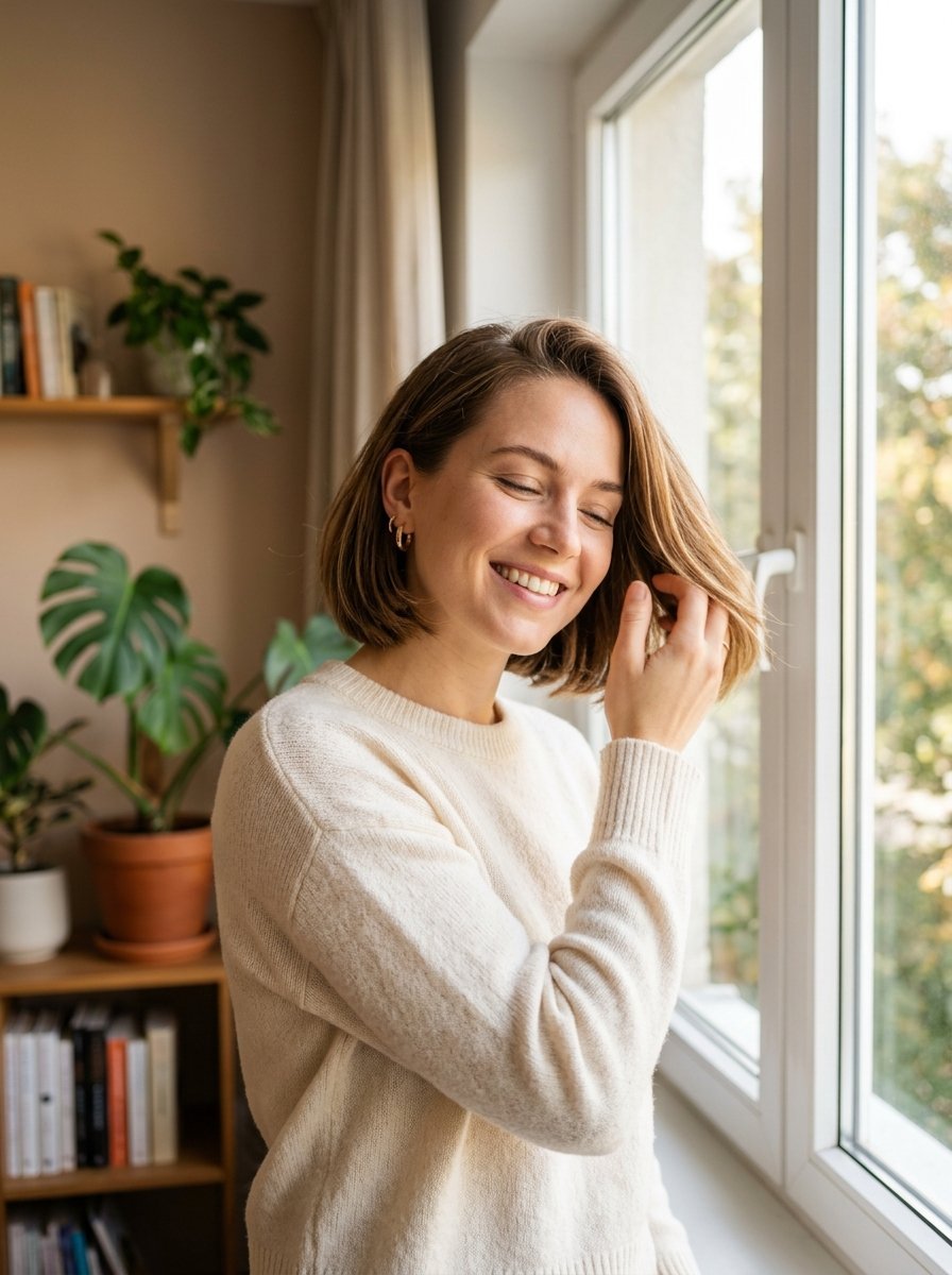 Young woman with bob hair touching her hair while standing near a bright window surrounded by indoor plants.