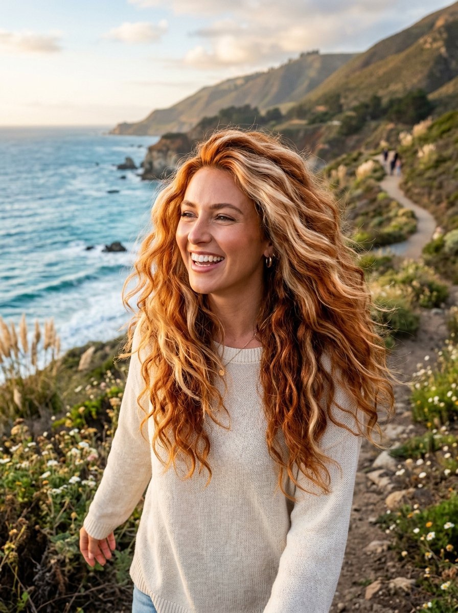 Young woman with long wavy red hair laughing outdoors on a trail overlooking the Pacific Ocean.