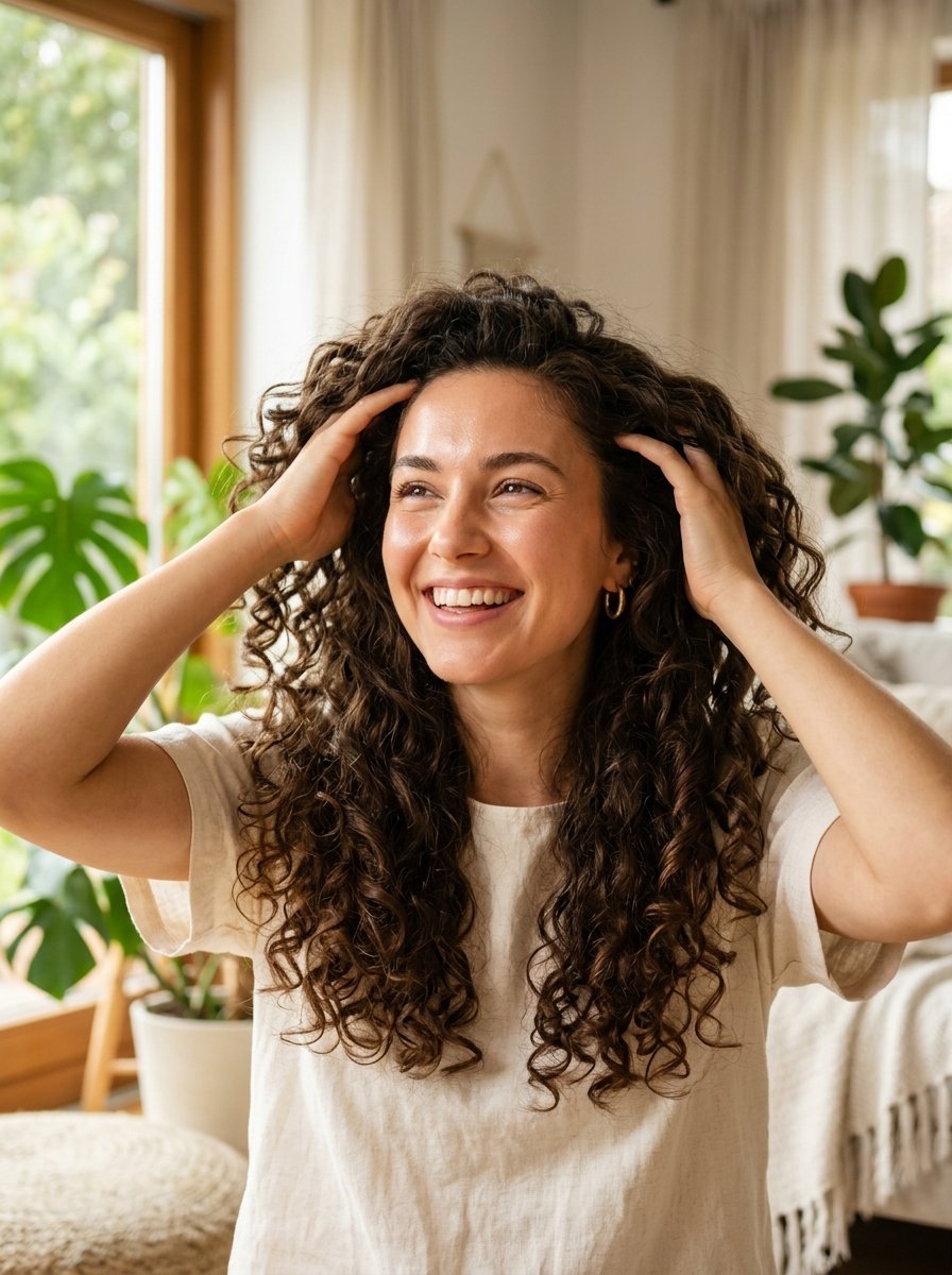 Close-up of a smiling woman with long brown curly hair touching her hair in a sunlit room with indoor plants.