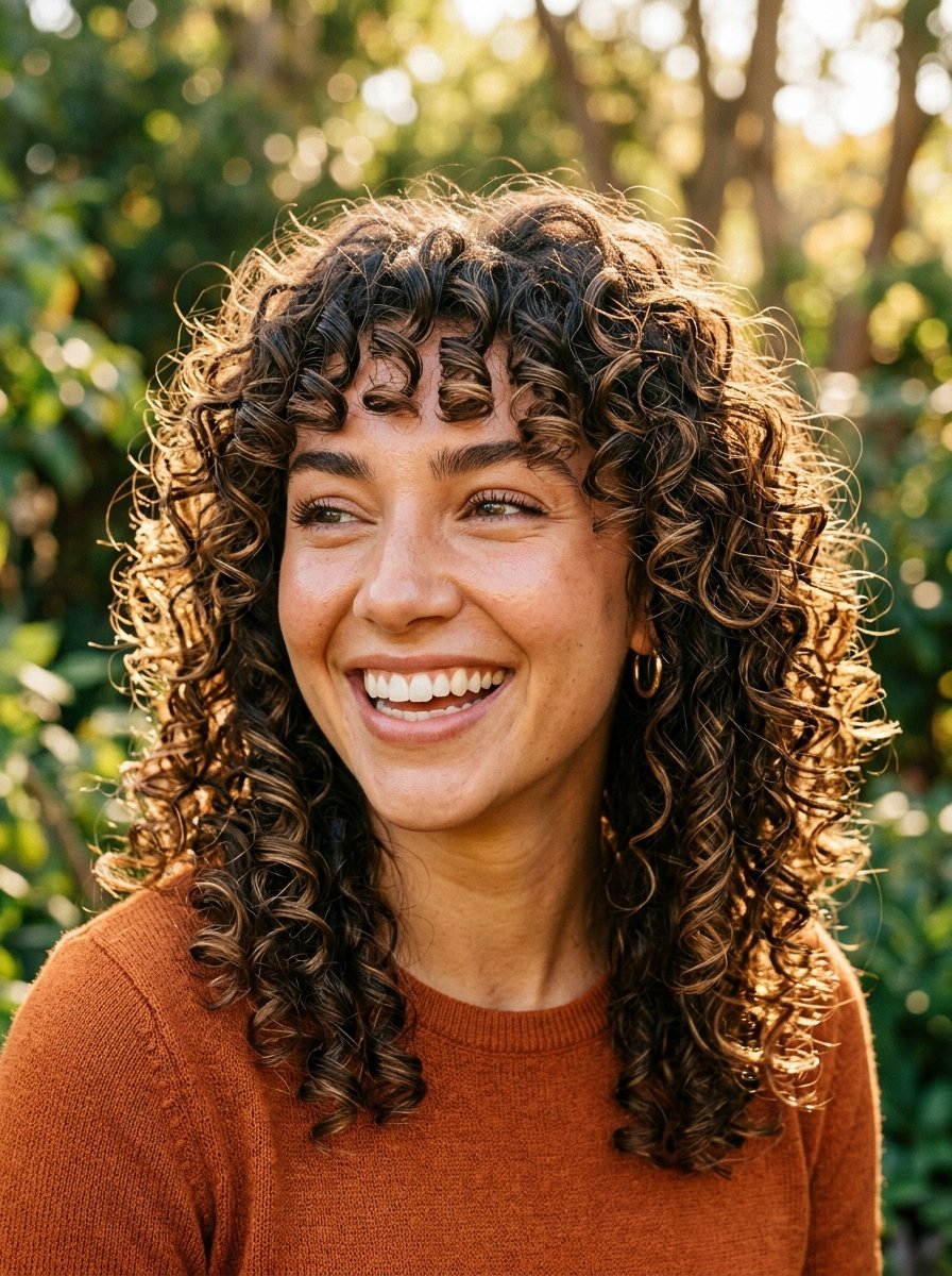 Close up portrait of a smiling woman with voluminous brunette curls against a sunlit garden background.