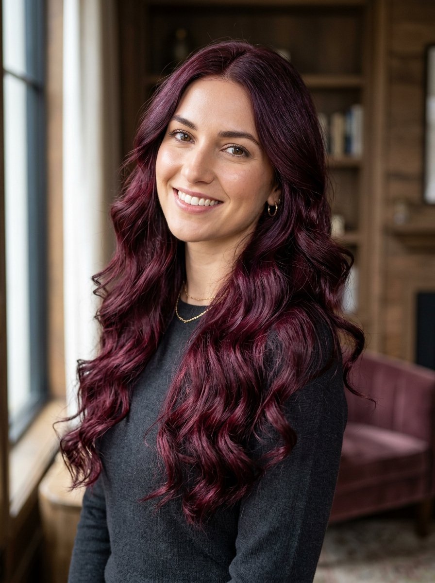 A smiling woman with vibrant burgundy wavy hair wearing a grey sweater near a wooden bookshelf.