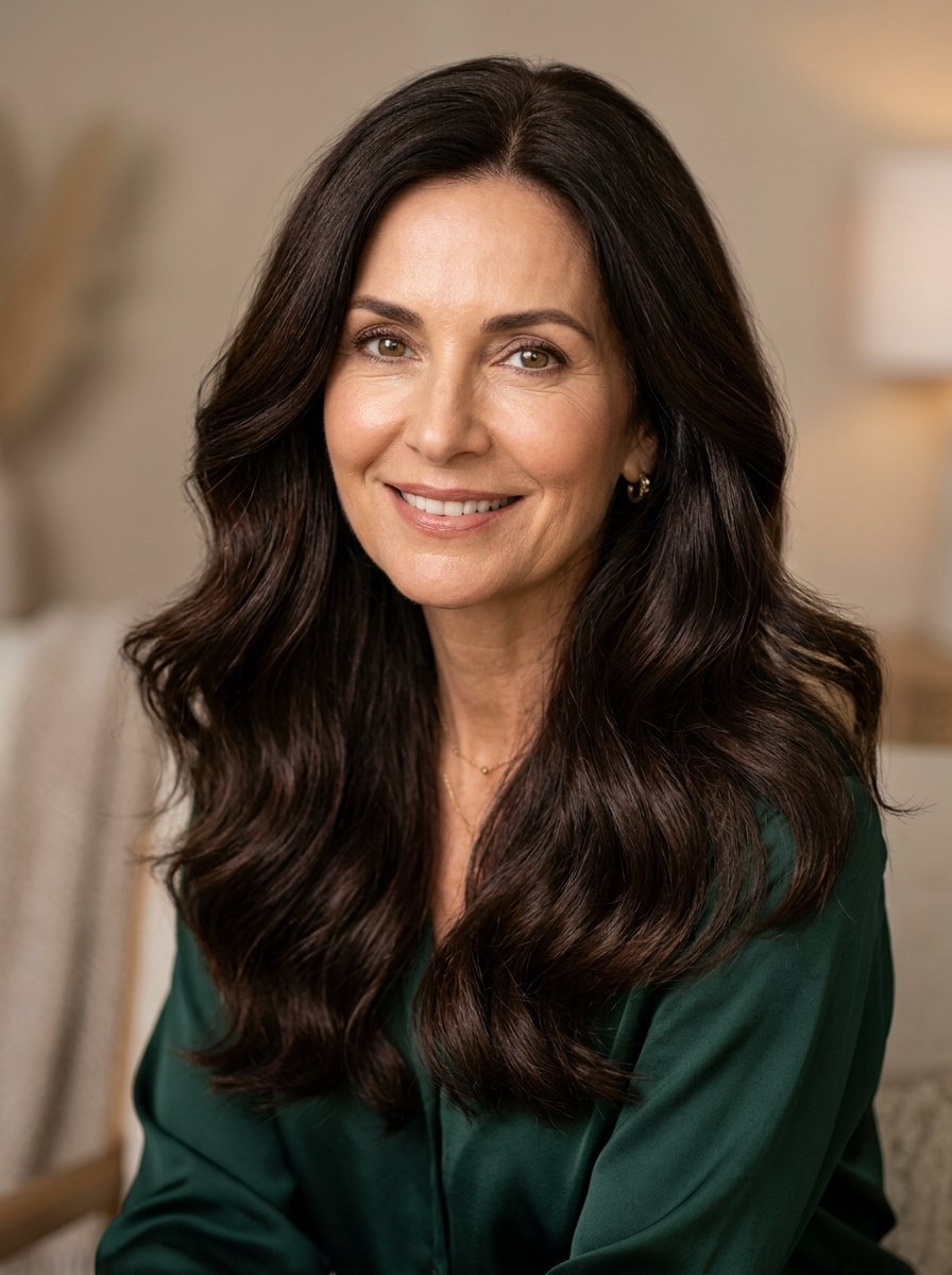 Portrait of a middle-aged woman with brunette hair and a green silk top smiling at the camera.