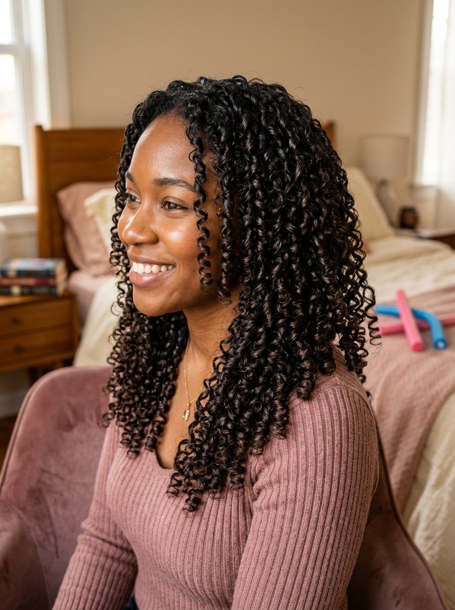 Portrait of a smiling person with dark, tightly coiled hair sitting on a mauve velvet chair.