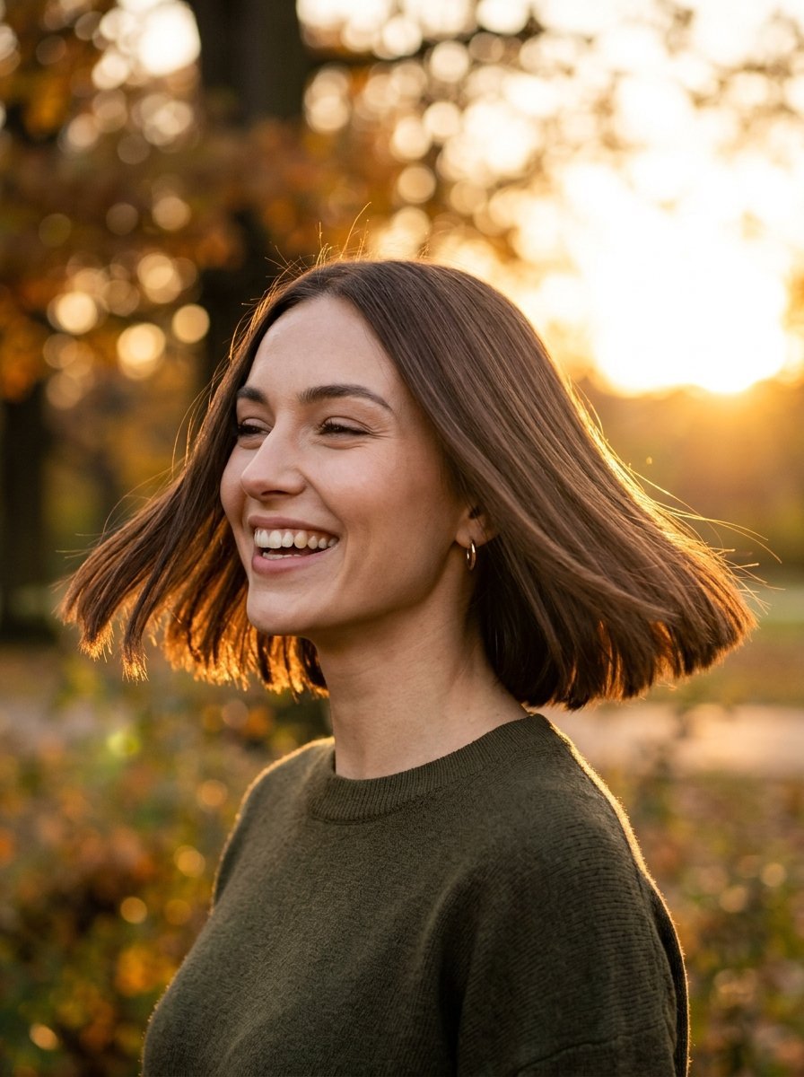 Portrait of a smiling woman with a brown bob hairstyle captured during golden hour in a park.