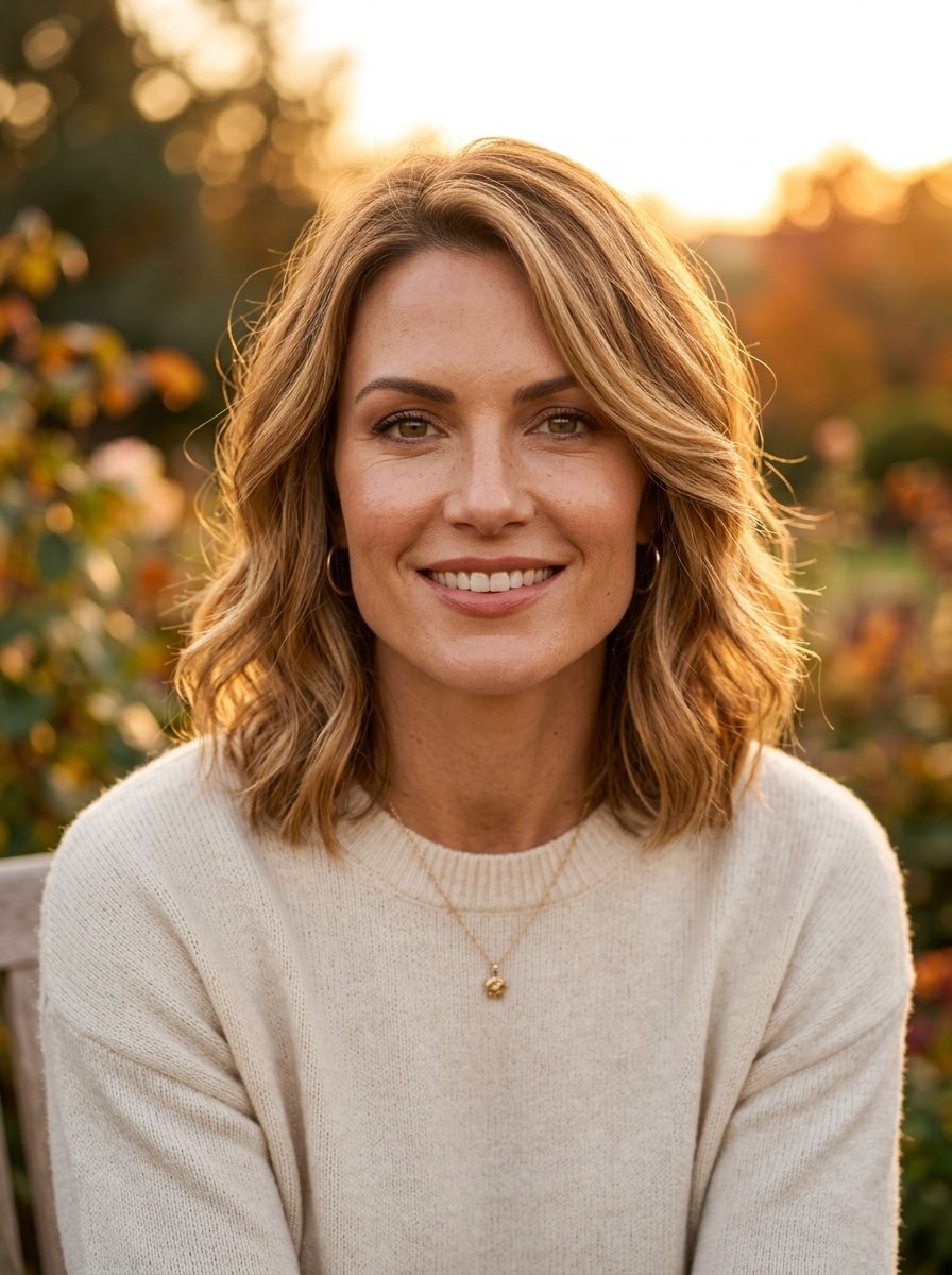 Close-up portrait of a woman with shoulder-length blonde hair posing in natural sunset light.