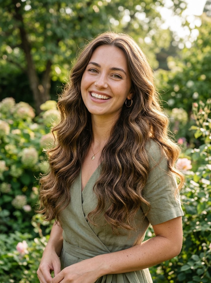 Close up of a laughing woman wearing a sage green wrap dress standing outdoors near blooming bushes.