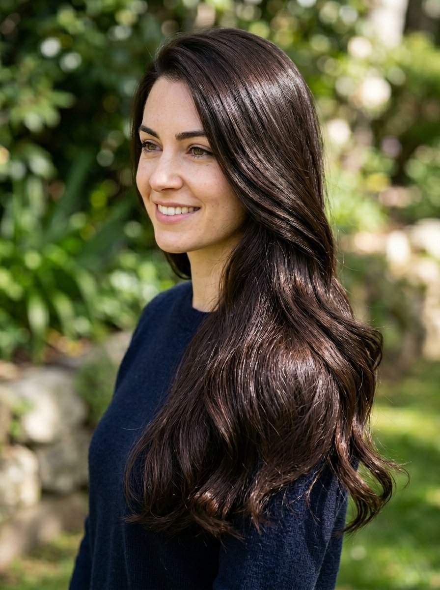 Side view of a smiling woman with voluminous dark brown hair standing against a blurred green garden background.