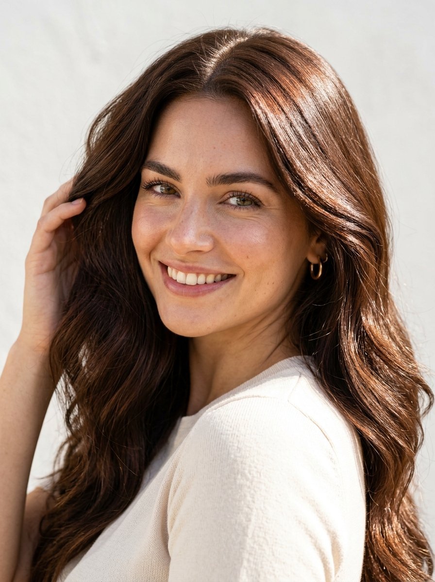 Close-up portrait of a cheerful woman with flowing brunette waves posing against a light background.