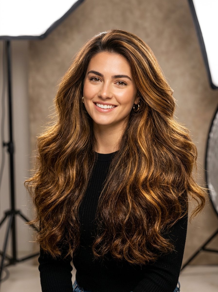 Portrait of a cheerful woman with highlighted brown hair sitting in a photography studio.