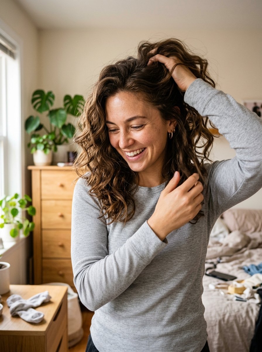 Close-up of a happy woman in a grey thermal shirt running her hand through her long wavy brown hair indoors.