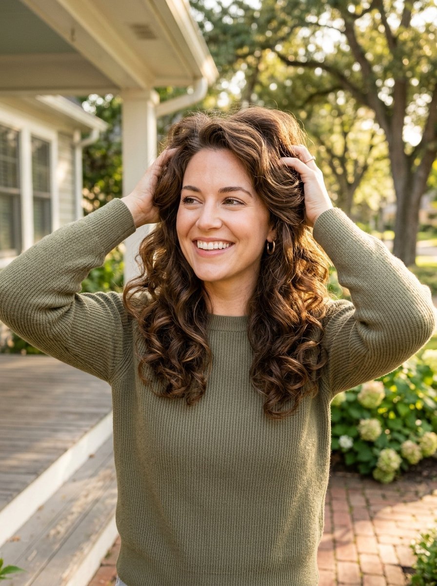 Smiling woman with long wavy brown hair holding her hair up while wearing an olive green ribbed long-sleeve sweater.