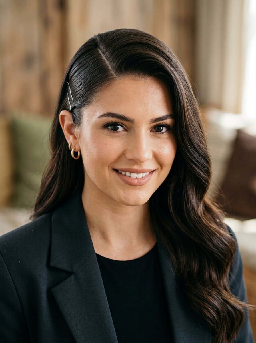 Close up portrait of a woman with long dark hair and gold hoop earrings smiling at the camera.