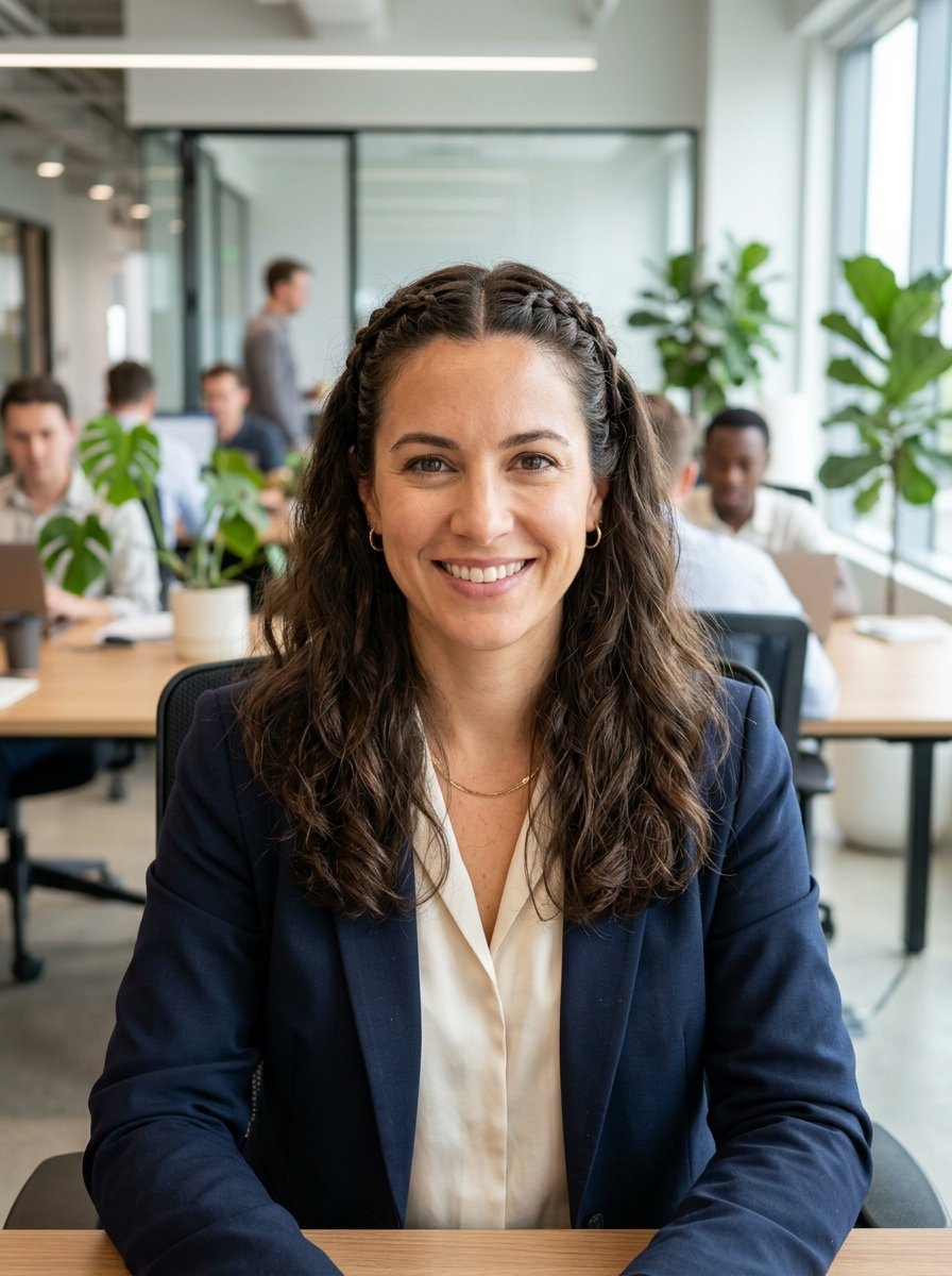 Portrait of a smiling professional woman wearing a navy blazer in a bright, busy open-plan office.