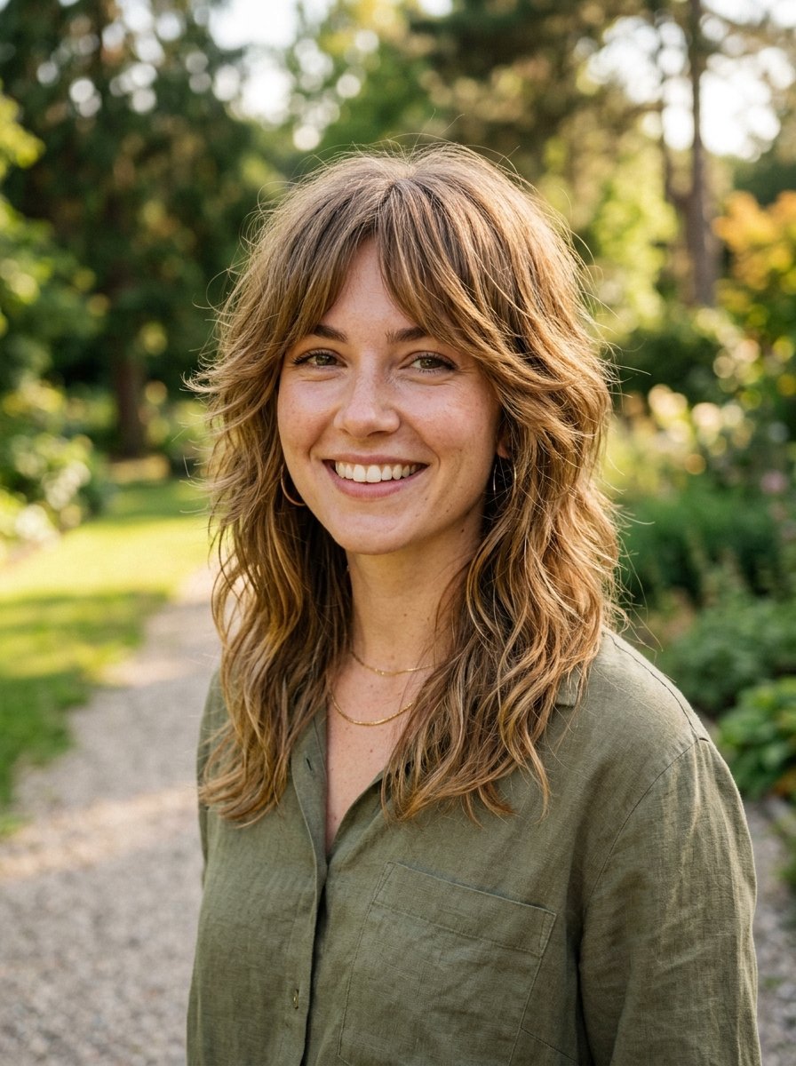 Portrait of a smiling woman with wavy layered hair and bangs, wearing an olive linen shirt outdoors.