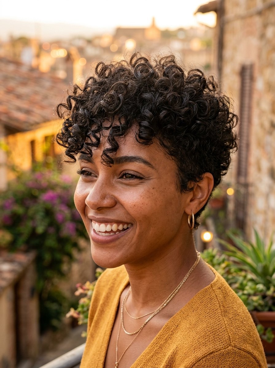 Portrait of a smiling person with dark curly hair wearing a mustard sweater outdoors at sunset.