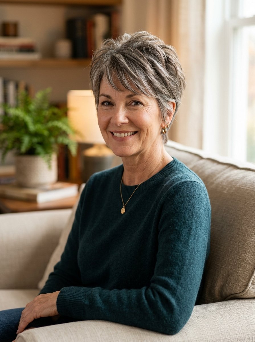 Portrait of a middle-aged woman with silver-toned short hair wearing a dark teal sweater on a couch.