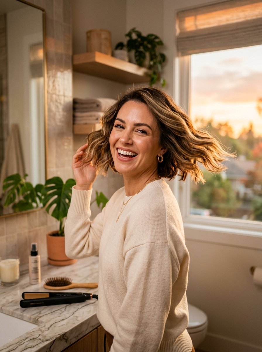 A smiling woman in a beige sweater touches her wavy shoulder-length hair in a sunlit bathroom.