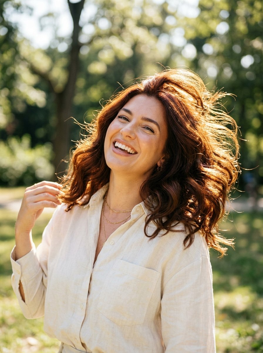 A happy woman with red hair wearing a beige linen shirt smiling outdoors with trees in the background.