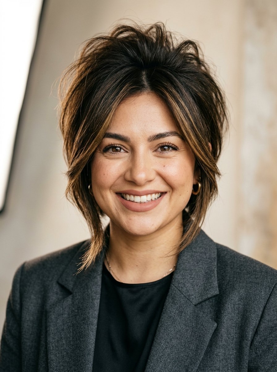 Close-up portrait of a smiling woman with shoulder-length highlighted hair wearing a dark blazer.